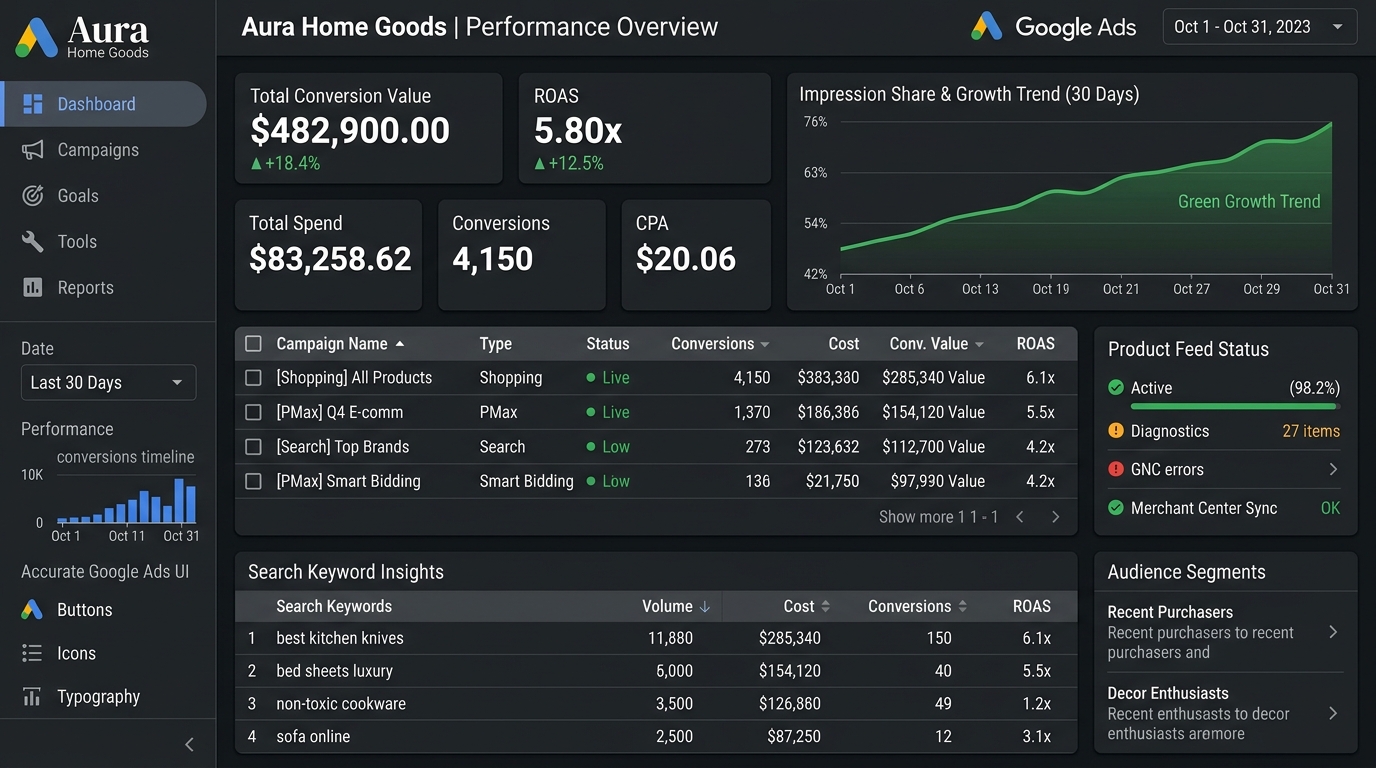 Google Ads Live Dashboard - 5.8x ROAS